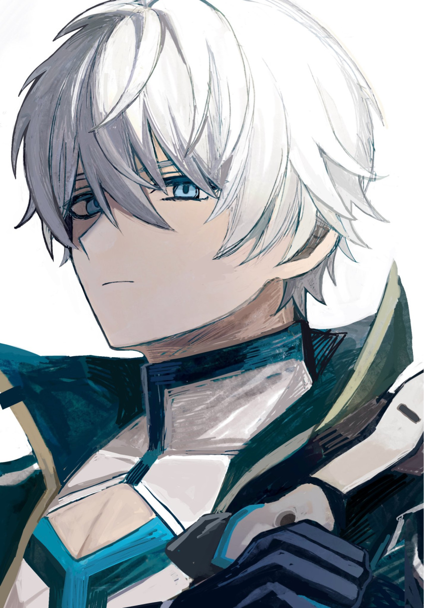 1boy, asatya_ny, black_gloves, black_jacket, blue_eyes, cleavage_cutout, closed_mouth, clothing_cutout