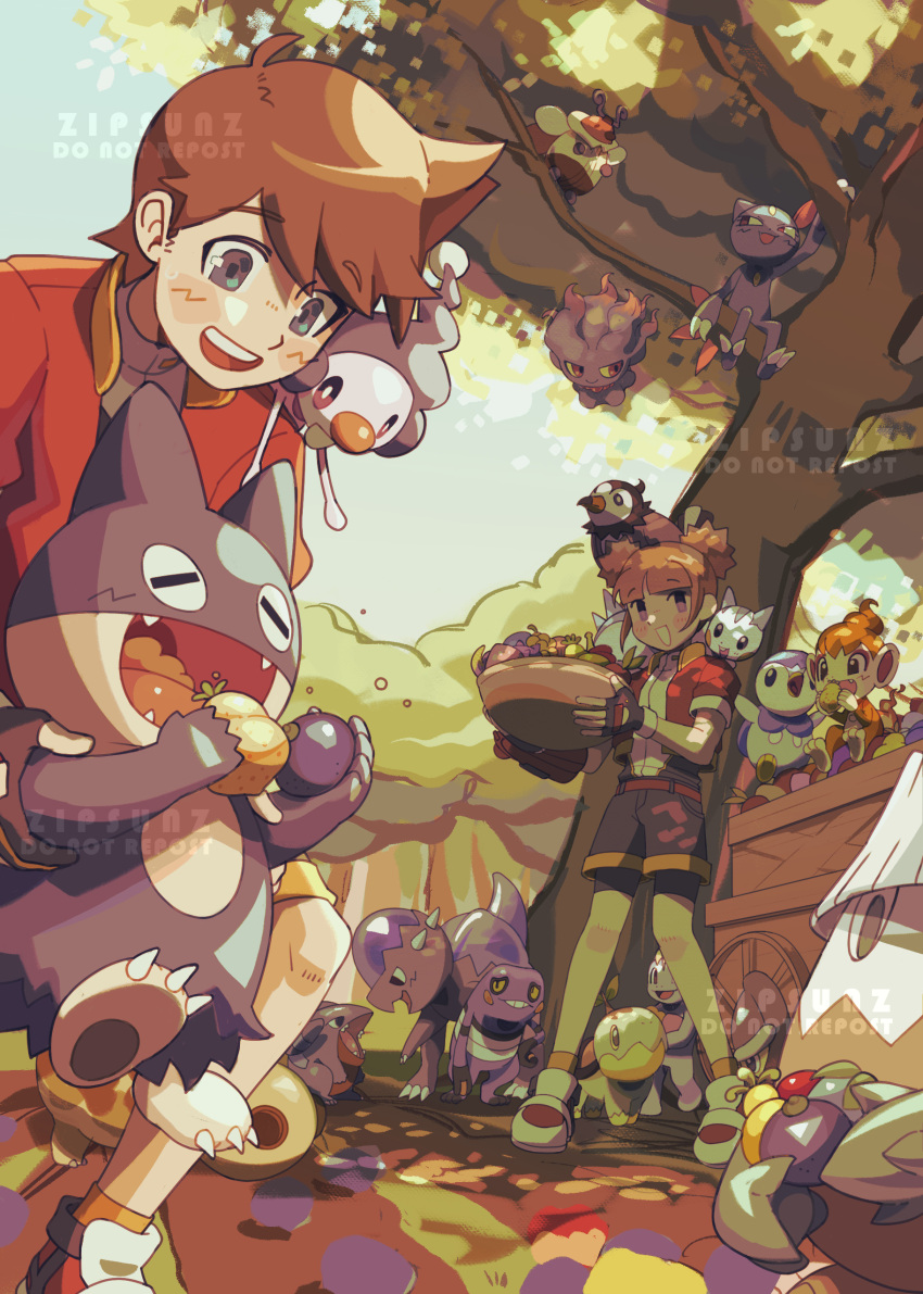 1boy, 1girl, =_=, absurdres, artist_name, basket, berry_(pokemon), black_gloves, black_shorts, blue_eyes, blunt_bangs, blush, brown_hair, cart, chimchar, closed_eyes, commentary, cranidos, croagunk, eating, english_commentary, fangs, figy_berry, fingerless_gloves, food, food_in_mouth, fruit, gible, gloves, green_eyes, highres, hippopotas, hippopotas_(male), holding, holding_basket, holding_food, holding_fruit, holding_pokemon, in_tree, jaboca_berry, jacket, kate_(pokemon), kellyn_(pokemon), kricketot, leppa_berry, machop, mago_berry, mime_jr., misdreavus, munchlax, on_head, on_shoulder, open_mouth, oran_berry, orange_socks, outdoors, pachirisu, partially_fingerless_gloves, pecha_berry, pinap_berry, piplup, pokemon, pokemon_(creature), pokemon_on_head, pokemon_on_shoulder, pokemon_ranger, pokemon_ranger:_shadows_of_almia, pokemon_ranger_(series), pokemon_ranger_2, rawst_berry, red_jacket, shieldon, shoes, short_hair, short_sleeves, shorts, sitrus_berry, smile, sneasel, snover, socks, standing, starly, teeth, tree, turtwig, upper_teeth_only, watermark, white_shoes, wiki_berry, zipsunz