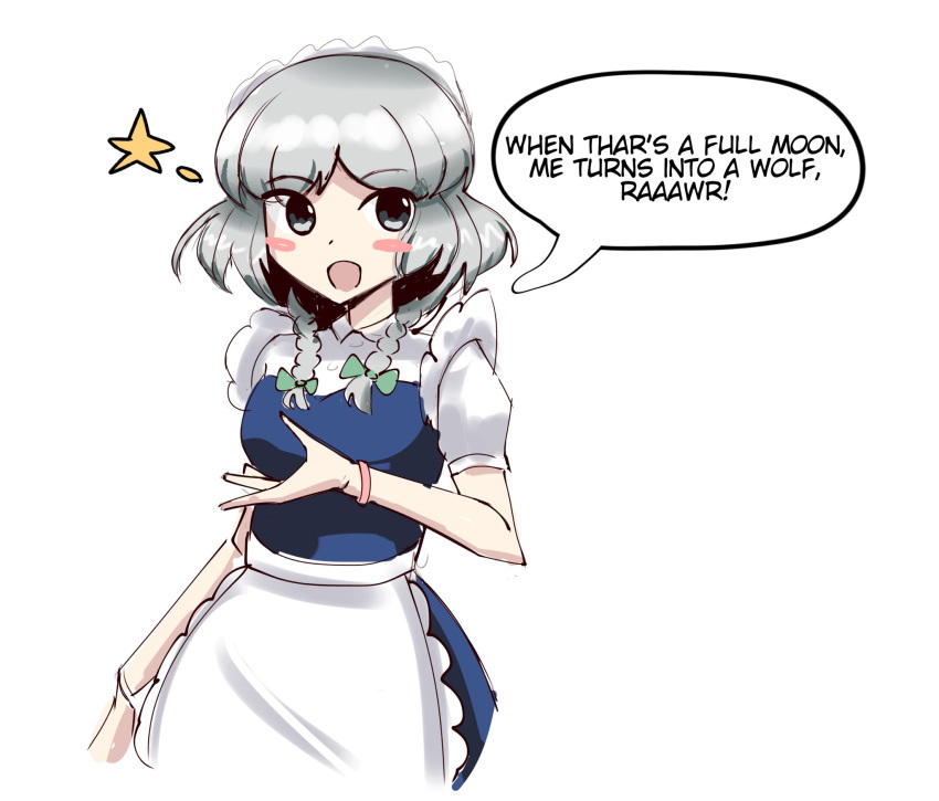 1girl, apron, arm_up, blue_skirt, blush_stickers, bow, braid, collared_shirt