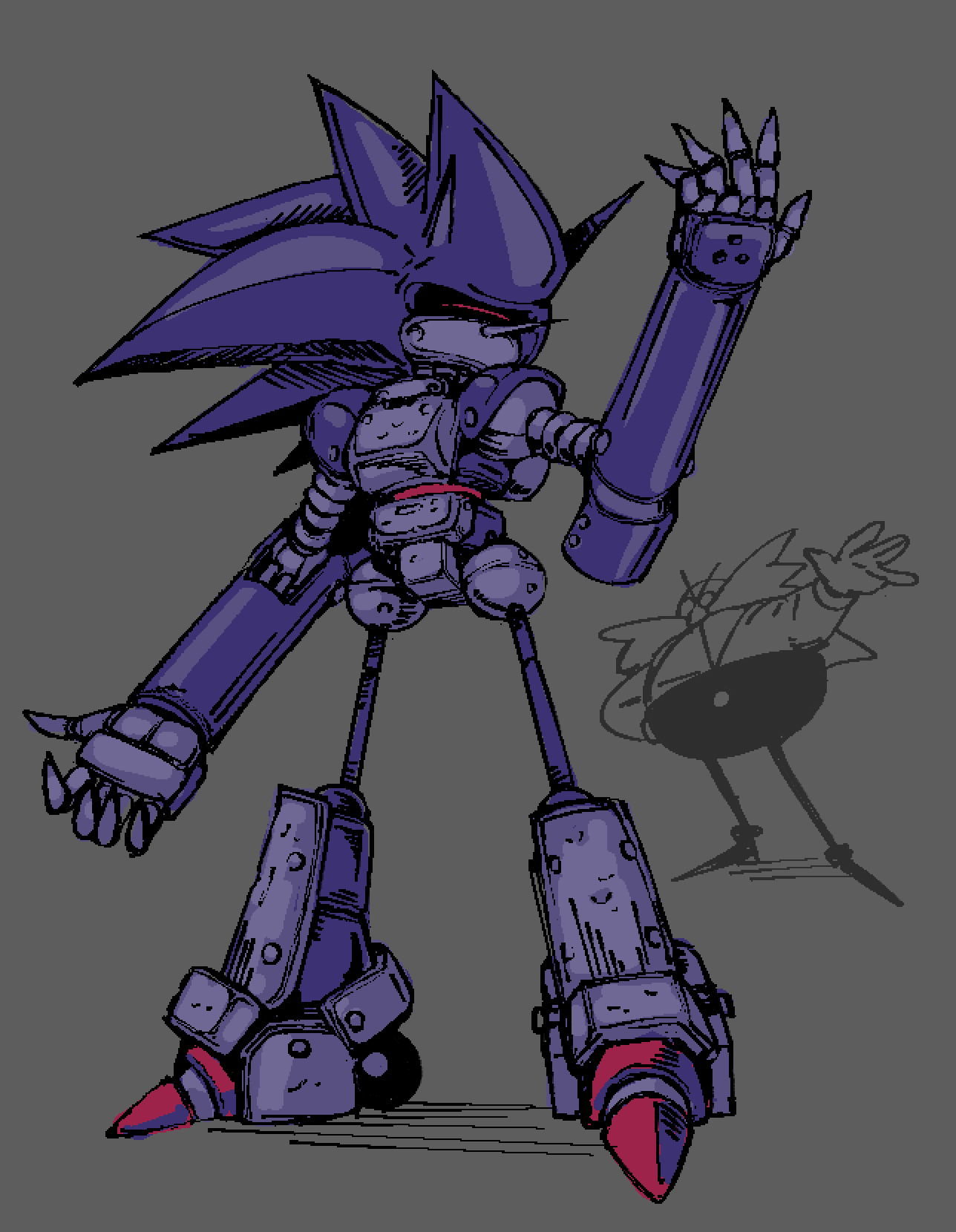 2boys, bald, classic_eggman, dr._eggman, facial_hair, grey_background, highres, humanoid_robot