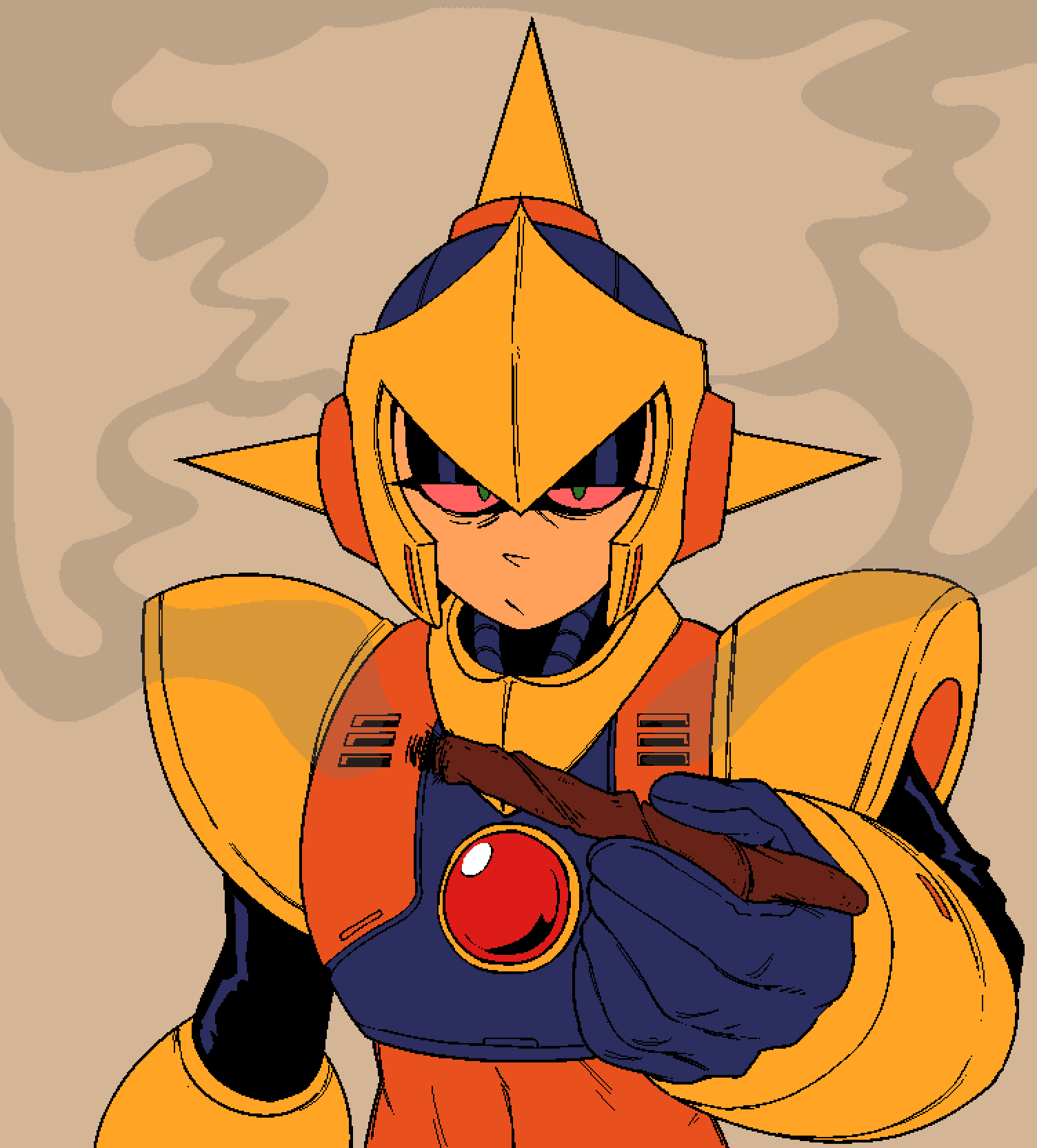 1boy, android, colored_sclera, drugs, enker_(mega_man), green_eyes, helmet, highres