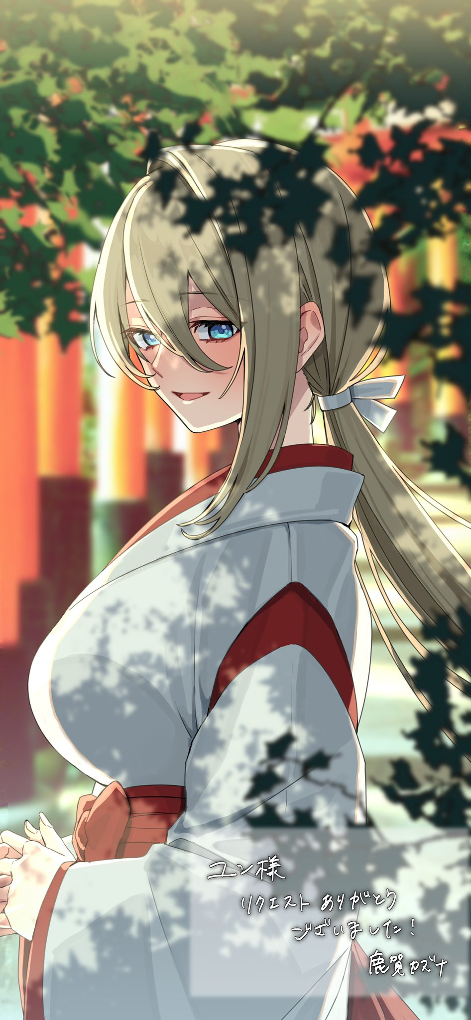 1girl, blue_eyes, brown_hair, commentary_request, commission, highres, indie_virtual_youtuber, japanese_clothes, kaga_kazuna, kanzaki_meisa_(vtuber), kariginu, kimono, long_hair, long_sleeves, looking_at_viewer, low_ponytail, parted_lips, ponytail, red_kimono, red_sash, sash, second-party_source, solo, upper_body, virtual_youtuber, wide_sleeves