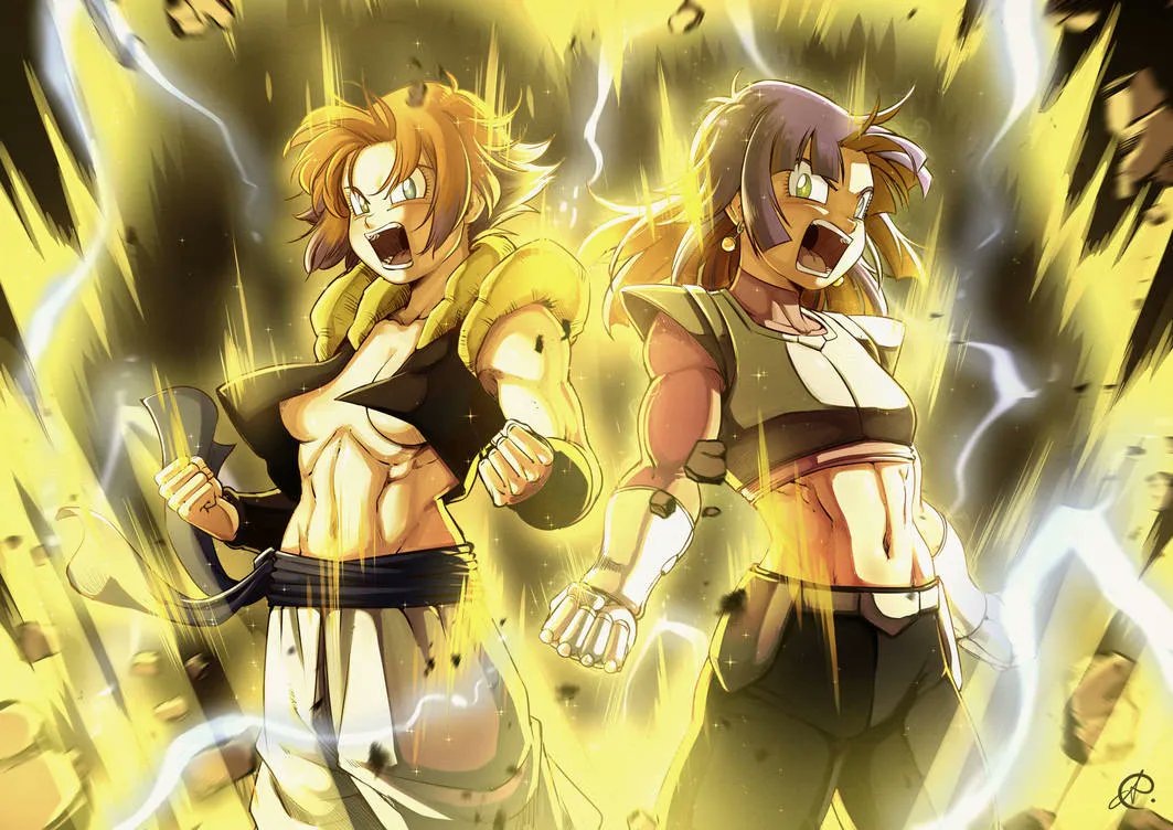 2girls, abs, armor, aura, baggy_pants, belt, benoit_picard, black_background