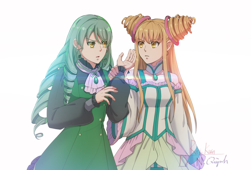 2girls, absurdres, artist_name, blonde_hair, brown_hair, commentary_request, dress, drill_hair