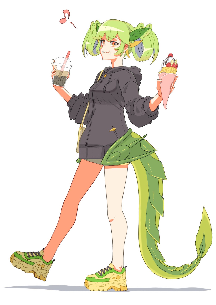 1girl, alternate_costume, bag, black_hoodie, breasts, bubble_tea, commentary_request, crepe