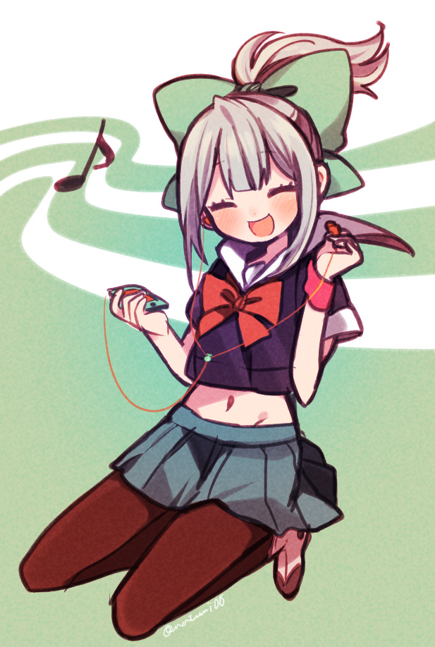 1girl, blue_skirt, blush, bow, brown_pantyhose, closed_eyes, crop_top, earphones