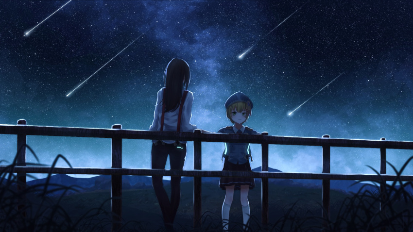 2girls, against_railing, asukake_project, black_hair, brown_hair, heaven_burns_red, highres, long_hair