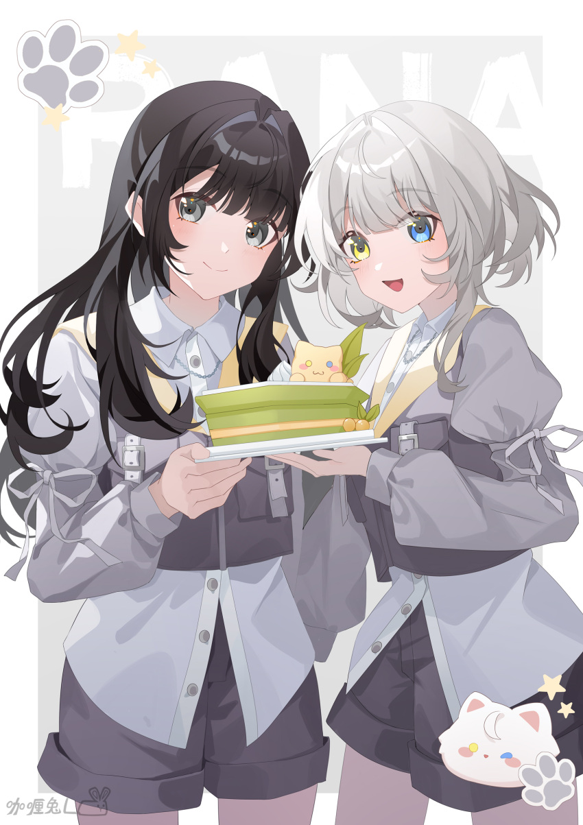 2girls, :d, alternate_costume, bag, bang_dream!, black_hair, black_shorts, blue_eyes, blush, cake, cat, chinese_commentary, closed_mouth, collared_shirt, commentary_request, cowboy_shot, food, grey_eyes, grey_hair, heterochromia, highres, holding, holding_plate, jacket, kaname_raana, long_hair, long_sleeves, looking_at_viewer, multiple_girls, open_mouth, plate, puffy_sleeves, shirt, short_shorts, shorts, smile, star_(symbol), vest, white_shirt, yellow_eyes, yinranluo, youmiya_hina