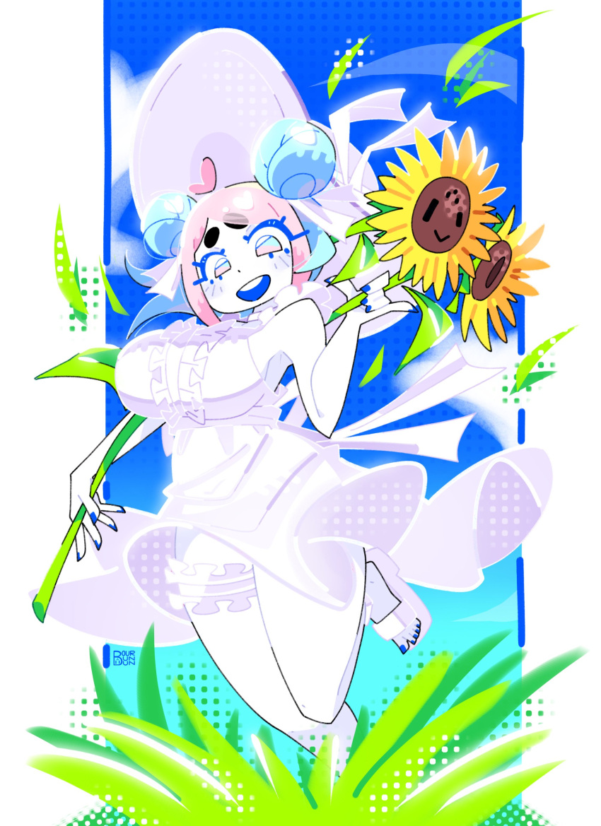 :d, absurdres, ahoge, blue-chan_(bourbunbun), blue_hair, blue_nails, bourbunbun, breasts