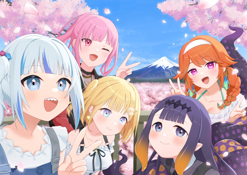 5girls, absurdres, aka_tadaima, blonde_hair, blue_eyes, blue_hair, braid, cherry_blossoms