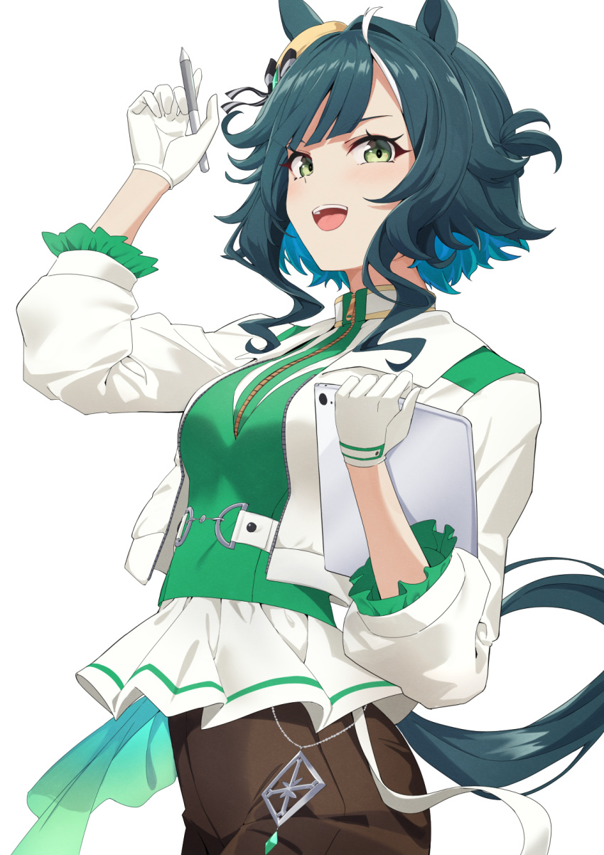 1girl, animal_ears, aqua_eyes, aqua_tail, arm_up, black_shorts, commentary_request, drawing_tablet