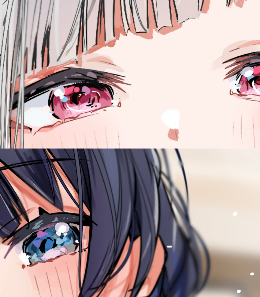 2girls, absurdres, blue_eyes, blue_hair, blurry, blurry_background, blush, close-up
