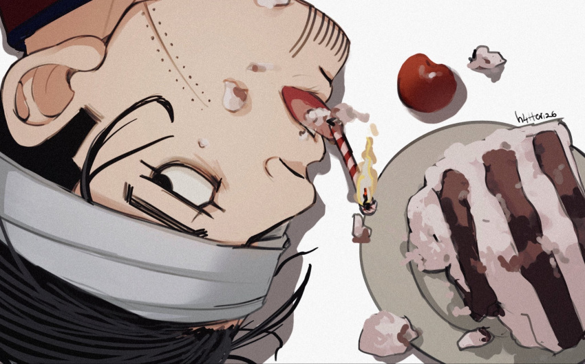 1boy, bandage_over_one_eye, birthday, black_eyes, black_hair, cake, cake_slice, candle