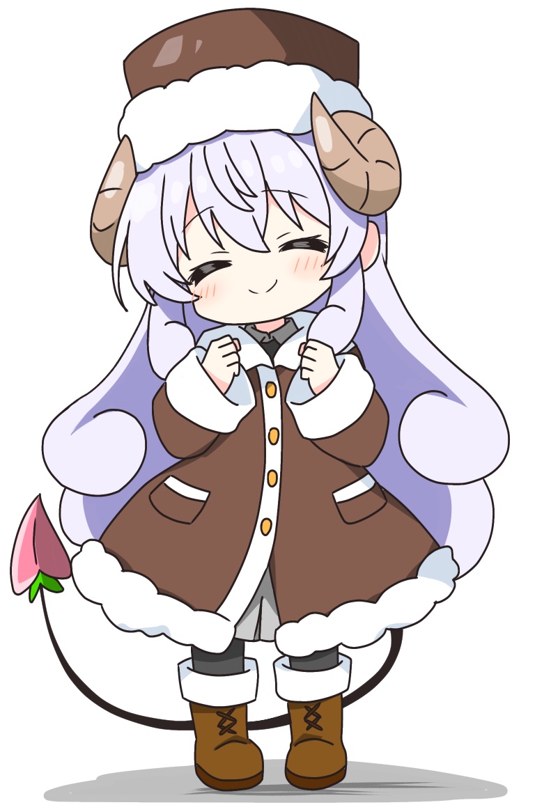 1girl, black_pantyhose, blush, boots, brown_boots, brown_coat, brown_hat, brown_horns, buttons, closed_eyes, closed_mouth, coat, commentary_request, curled_horns, demon_girl, demon_horns, demon_tail, full_body, fur-trimmed_coat, fur-trimmed_headwear, fur_trim, grey_skirt, hands_up, hat, horns, kotatsu-mazoku, lace-up_boots, lilith_(homunculus)_(machikado_mazoku), lilith_(machikado_mazoku), long_hair, long_sleeves, machikado_mazoku, pantyhose, purple_hair, simple_background, skirt, smile, solo, standing, tail, white_background, winter_clothes