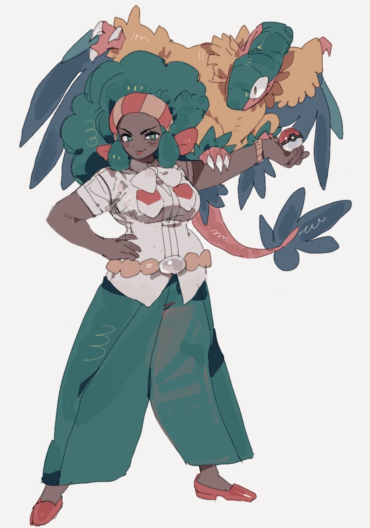 1girl, afro, archeops, belt, big_hair, blush, blush_stickers, breast_pocket, breasts, closed_mouth, commentary_request, dark-skinned_female, dark_skin, full_body, green_eyes, green_pants, hand_on_own_hip, headband, highres, holding, holding_poke_ball, korean_commentary, large_breasts, legs_apart, lenora_(pokemon), lipstick, long_hair, looking_at_viewer, makeup, o6262626, outstretched_arm, pants, pocket, poke_ball, poke_ball_(basic), pokemon, pokemon_on_arm, red_shoes, shirt, shoes, short_sleeves, simple_background, smile, standing, very_dark_skin, white_background, white_shirt, wings