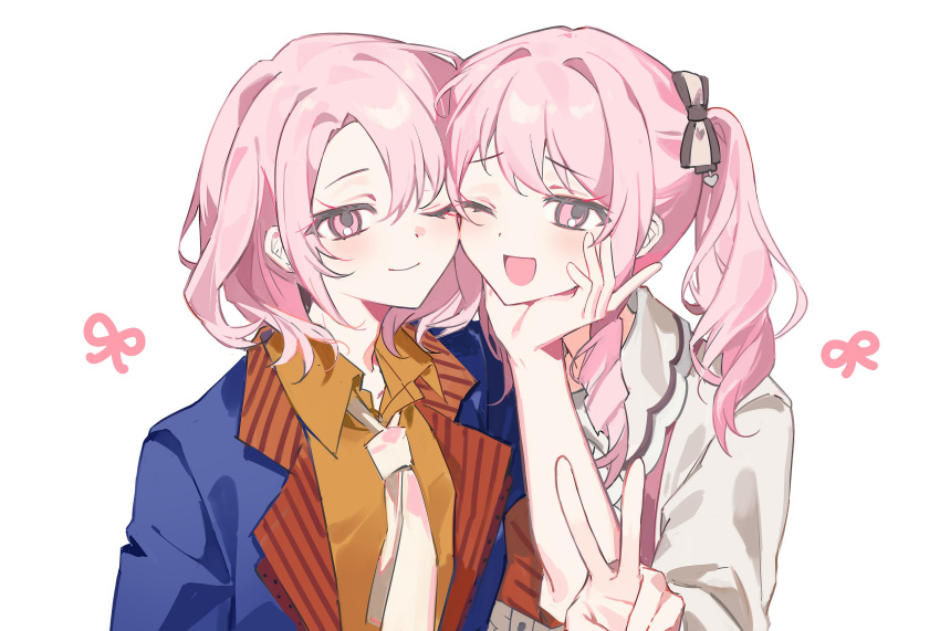 2girls, :d, absurdres, akiyama_mizuki, akiyama_yuuki, blazer, collared_shirt, commentary_request