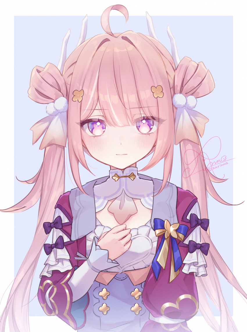 1girl, ahoge, bear-shaped_buttons, blue_background, border, breasts, capelet, commentary_request