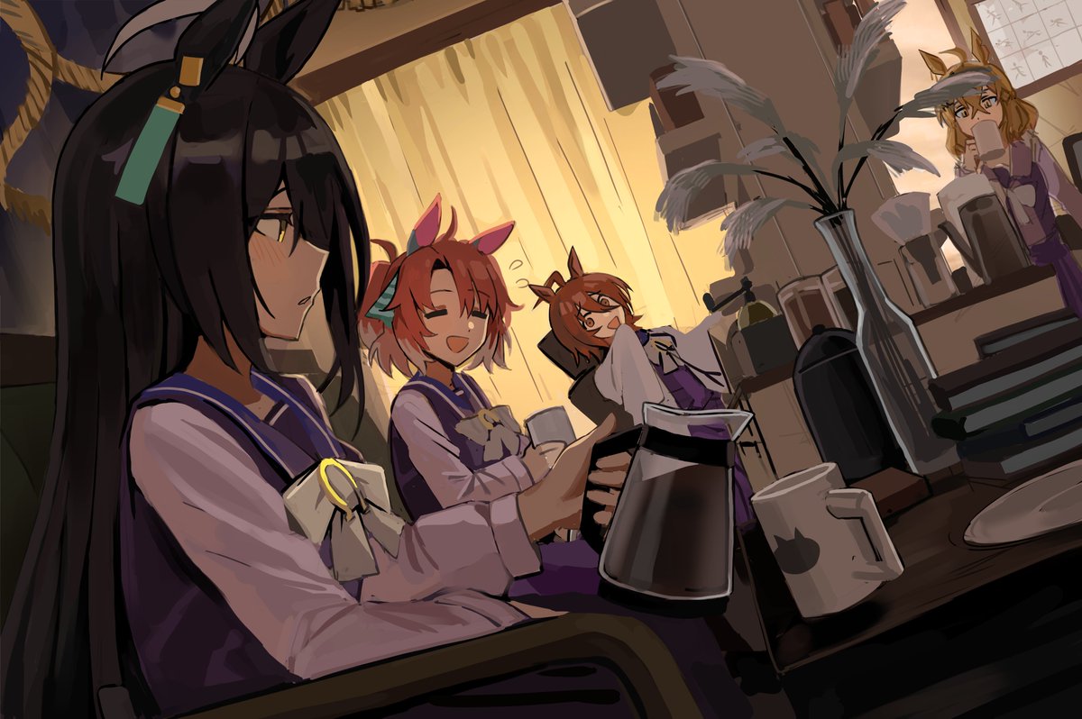 4girls, agnes_tachyon_(umamusume), ahoge, animal_ears, black_hair, book, book_stack, bow
