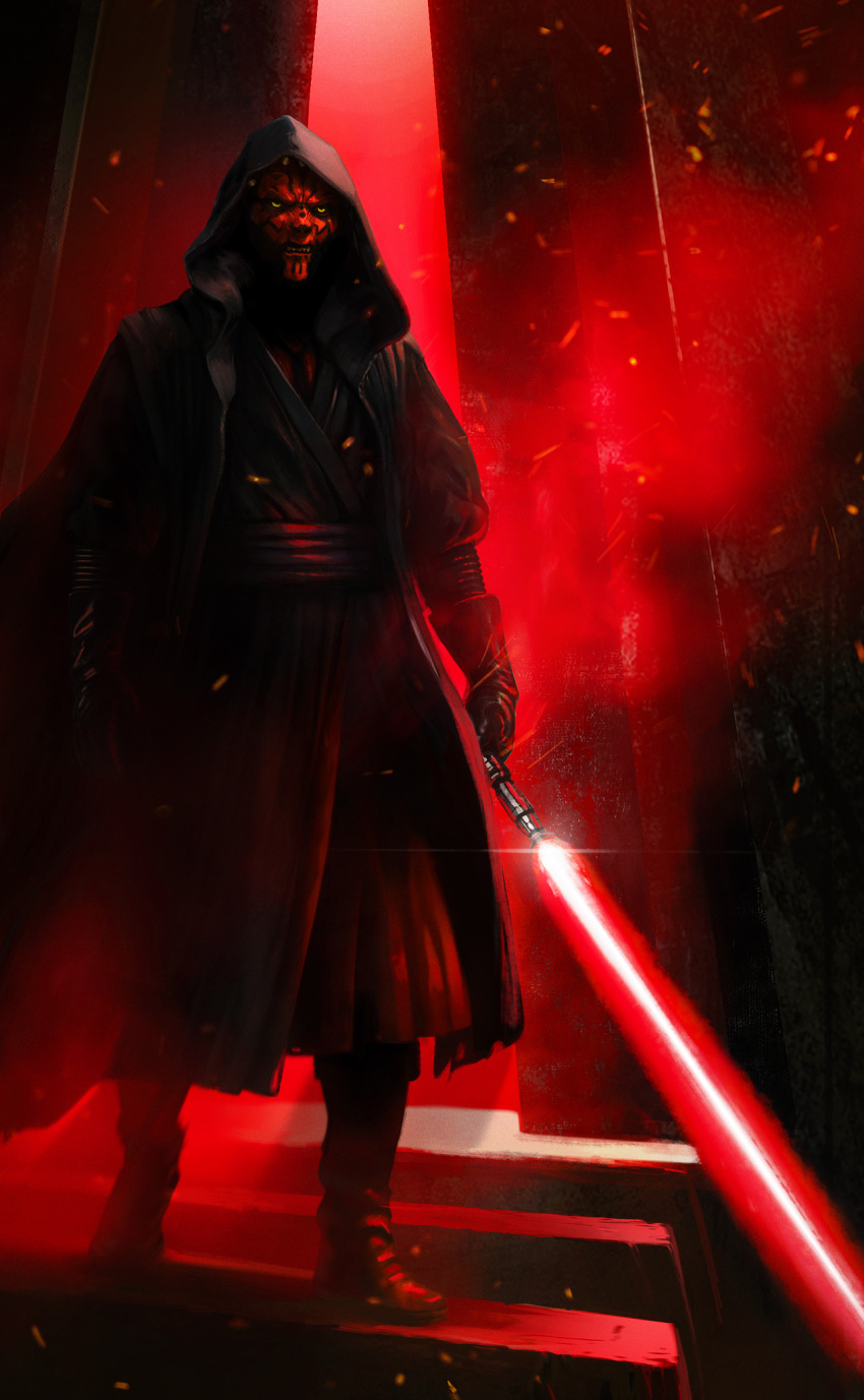 1boy, 1other, alien, black_boots, black_robe, boots, daniele_montella, darth_maul
