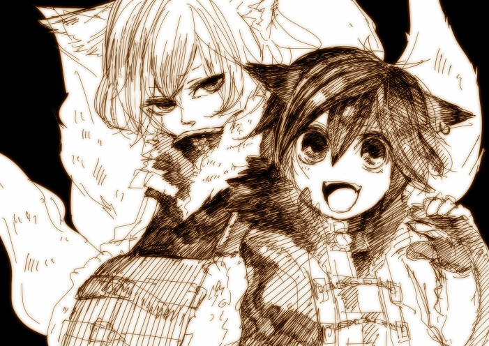 :d, alternate_costume, animal_ears, bad_id, cat_ears, chen, covering, covering_face, covering_mouth, fox_ears, fox_tail, koumajou_densetsu, koumajou_densetsu_2, monochrome, multiple_girls, multiple_tails, open_mouth, smile, tail, tattakatan, touhou, yakumo_ran