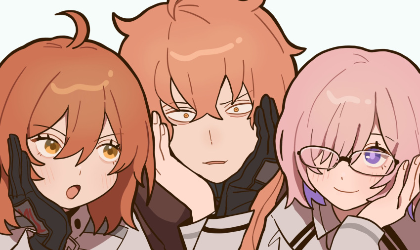 1boy, 2girls, 773_577_773, :o, ahoge, black-framed_eyewear, black_gloves, chaldea_logo