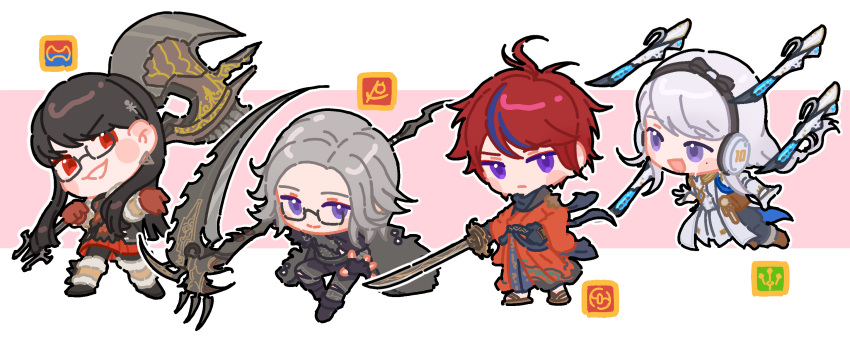 2boys, 2girls, :d, ahoge, alternate_costume, aotsuki_eito, armor, axe