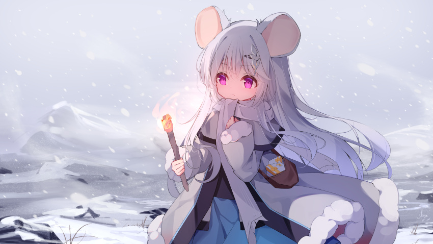 1girl, a1352170118, absurdres, animal_ears, bag, blue_skirt, chinese_commentary, coat, commentary, grey_coat, grey_scarf, hair_ornament, hairclip, highres, long_hair, mouse_ears, mouse_girl, outdoors, ratkin_(rimworld), red_eyes, rimworld, scarf, skirt, snow, solo, torch, white_hair, winter