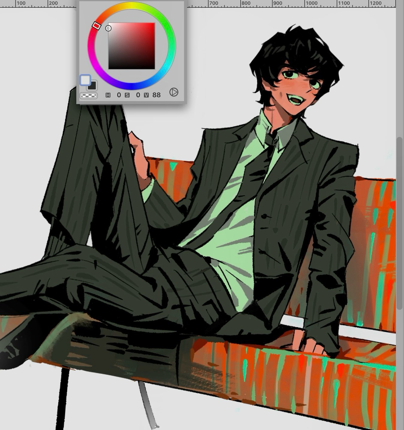1boy, :d, animification, art_program_in_frame, bench, black_eyes, black_jacket, black_shoes