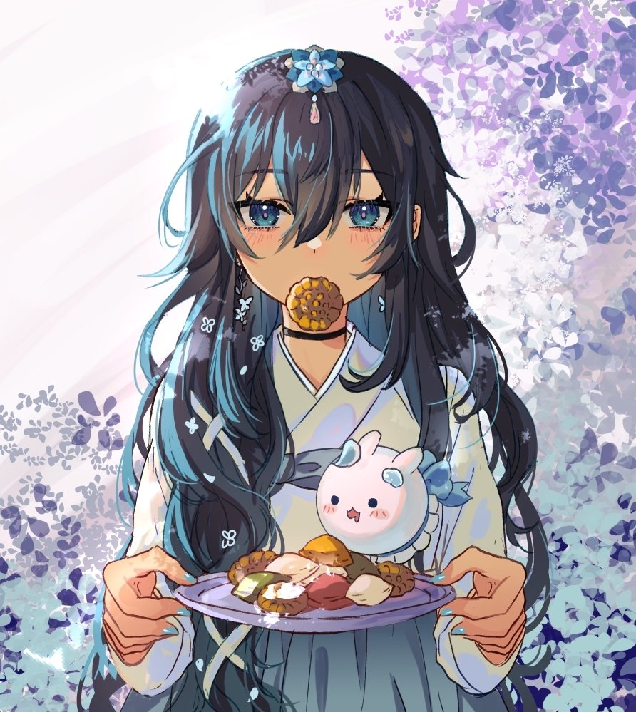 1girl, black_choker, black_hair, blue_eyes, blue_nails, choker, food, hair_ornament