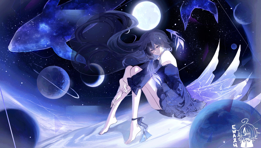 1girl, absurdres, bare_shoulders, barefoot, black_dress, black_hair, black_sleeves, black_veil, blue_eyes, crescent, detached_sleeves, dress, fish, floating_hair, full_moon, highres, indie_virtual_youtuber, long_hair, long_sleeves, moon, off-shoulder_dress, off_shoulder, planet, see-through_clothes, see-through_veil, seol_(teacuppity)_(vtuber), sitting, solo, space, szumoon, veil, virtual_youtuber