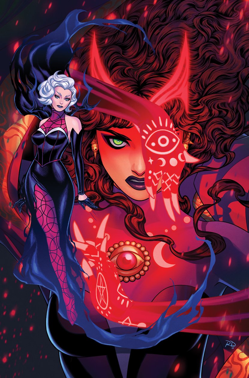 2girls, avengers_(series), black_dress, black_gloves, black_sleeves, brown_hair, clea_strange, comic_cover, commentary, cover, cover_page, covering_one_eye, crescent, curly_hair, detached_sleeves, doctor_strange_(series), dress, earrings, english_commentary, eyeshadow, fingerless_gloves, full_body, gloves, glowing_headgear, glowing_markings, green_eyes, grey_background, highres, initial, jewelry, long_hair, looking_at_viewer, magic, makeup, marvel, multiple_girls, official_alternate_costume, official_art, pink_bodystocking, purple_lips, red_eyeshadow, red_tiara, russell_dauterman, scarlet_witch, short_hair, side_slit, skull_earrings, textless_version, upper_body, wanda_maximoff, western_comics_(style), white_hair