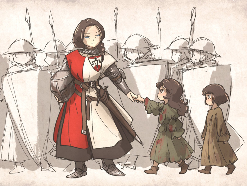 aged_down, armor, balance_scale_print, belt, blood, blood_on_clothes, blue_eyes, braid