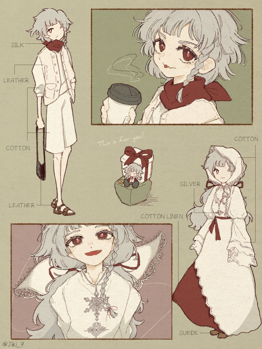 1girl, :p, bag, box, braid, braided_sidelock, brown_sandals, brown_shoes, character_doll, cup, disposable_coffee_cup, disposable_cup, doll, gift, gift_box, green_background, grey_hair, hair_ribbon, handbag, hashtag-only_commentary, headscarf, highres, holding, holding_bag, holding_cup, jacket, jewelry, jiki_(jiki_9), lace-trimmed_headwear, lace-trimmed_robe, lace_trim, layered_robe, leather, leather_footwear, leather_jacket, long_hair, long_sidelocks, looking_at_viewer, multiple_views, necklace, open_clothes, open_jacket, red_eyes, red_ribbon, red_scarf, reverse:1999, ribbon, robe, rubuska, sandals, scarf, shoes, shorts, sidelocks, silver_necklace, single_braid, single_sidelock, smile, sports_sandals, tongue, tongue_out, twitter_username, waist_ribbon, white_headscarf, white_jacket, white_robe, white_shorts