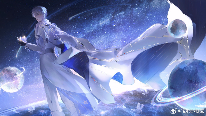 1boy, absurdres, arm_at_side, belt, black_belt, black_gloves, blue_background, blue_flower