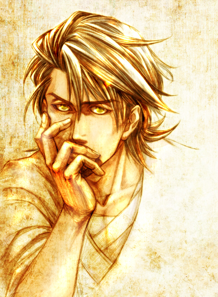 bandage, bandages, brown_eyes, brown_hair, devilsbones, facial_hair, graphite_(medium), hand_on_face, hand_on_own_face, kaburagi_t_kotetsu, male, monochrome, short_hair, solo, stubble, tiger_&amp;_bunny, traditional_media, yellow, yellow_eyes