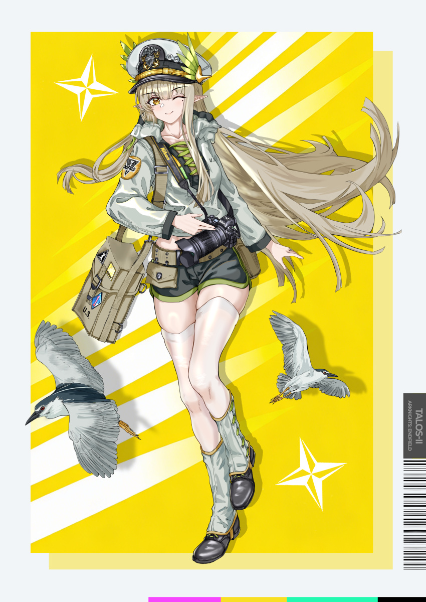 1girl, ;), absurdres, alternate_costume, animal, arknights, bag, barcode
