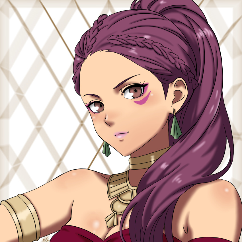 1girl, absurdres, alternate_costume, bare_shoulders, braid, breasts, brown_eyes, choker_jewel