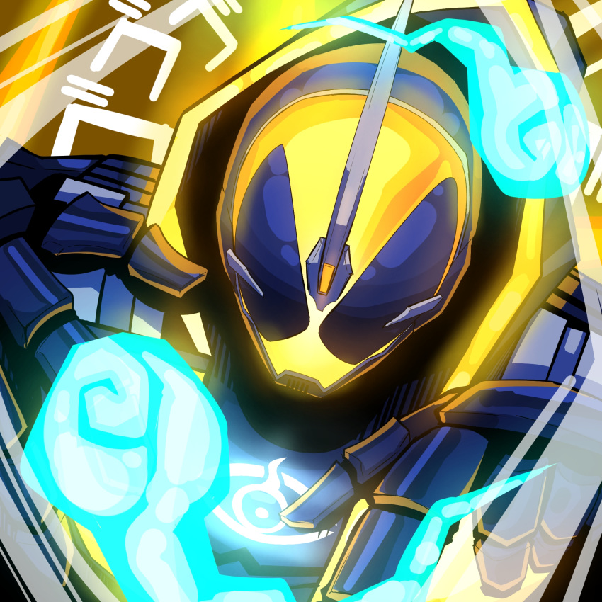 1boy, armor, black_gloves, commentary, eye_symbol, ghost, gloves, glowing