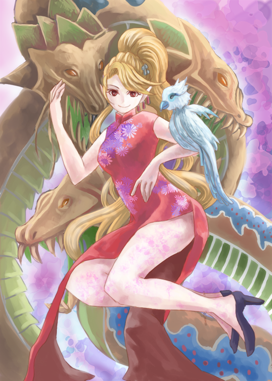 alternate_hairstyle, bird, blonde_hair, byunei, china_dress, chinese_clothes, dragon, high_heels