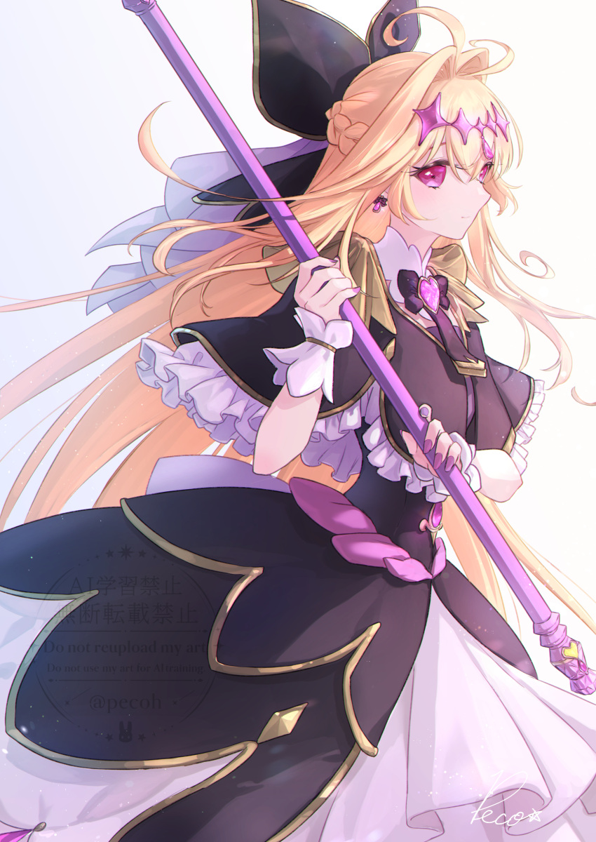 1girl, absurdres, antenna_hair, black_bow, black_capelet, black_dress, blonde_hair, bow