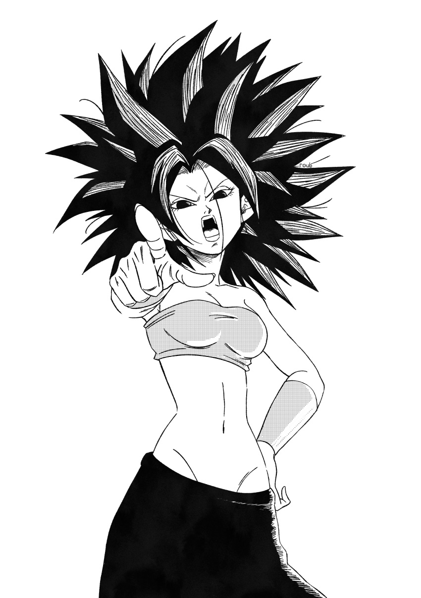 1girl, absurdres, angry, arm_up, bandeau, caulifla, commentary, dragon_ball