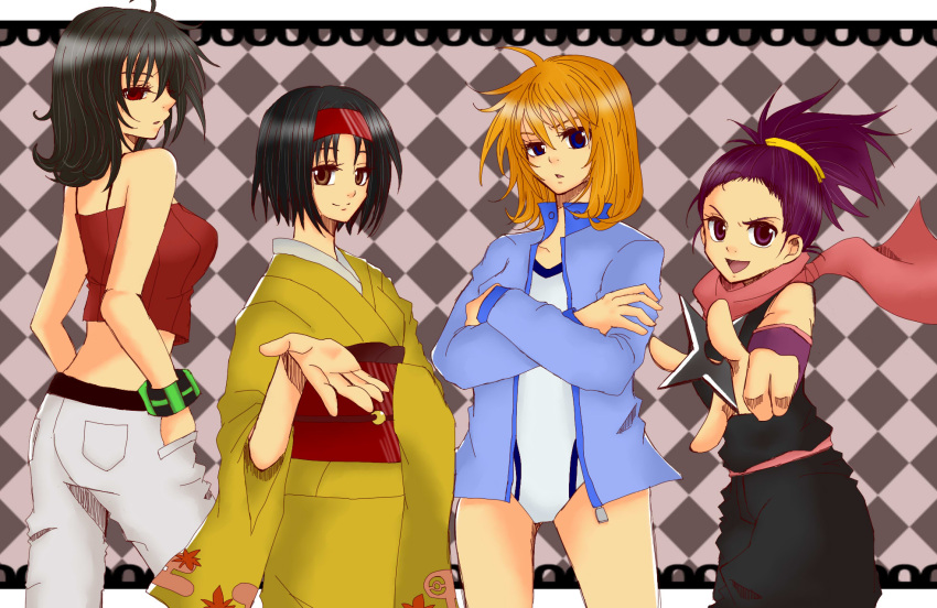 anzu_(pokemon), black_hair, blonde_hair, blue_eyes, bracelet, brown_eyes, crossed_arms, erika_(pokemon)