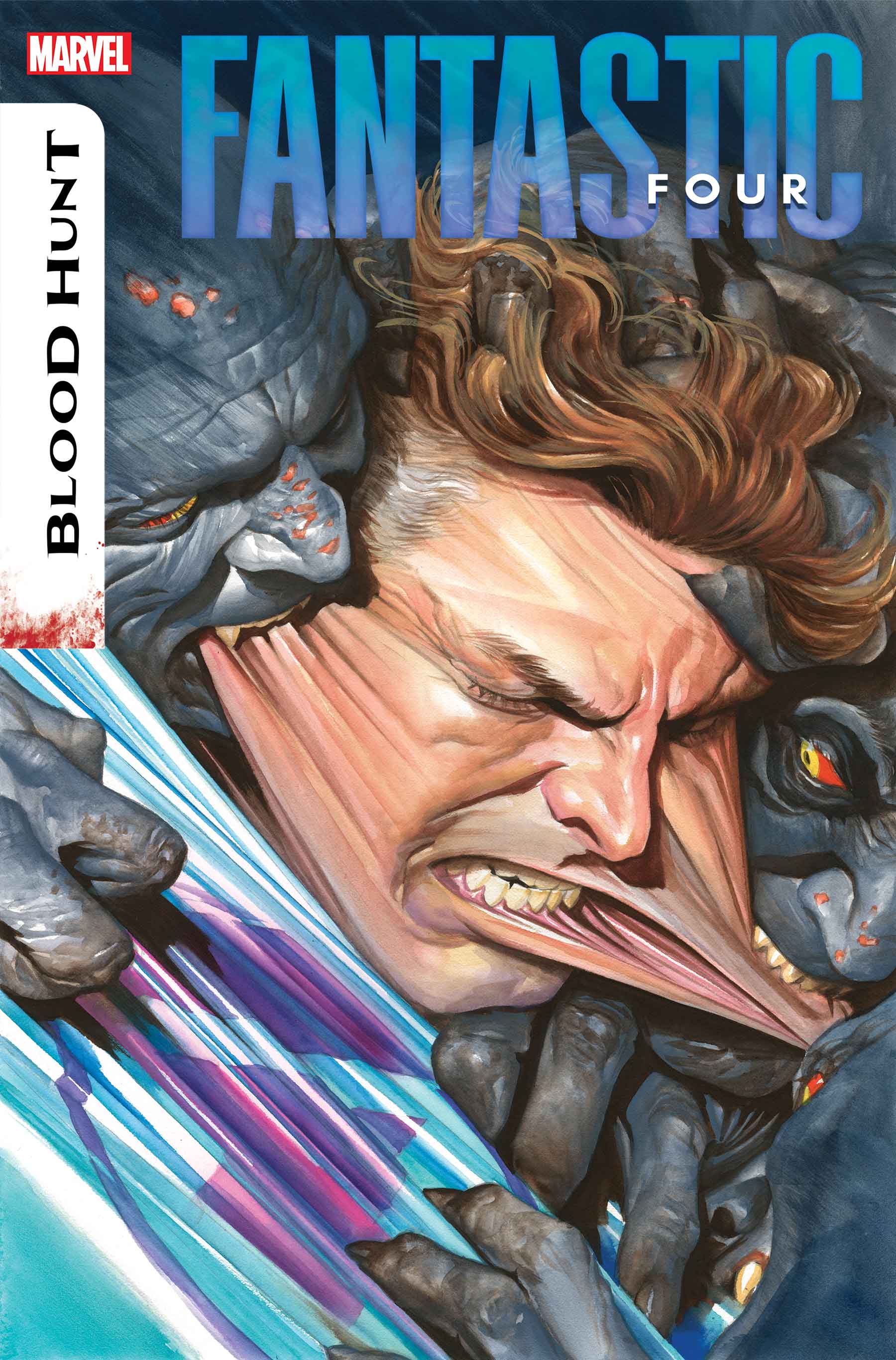 1boy, 2others, absurdres, alex_ross, biting, biting_another's_lip, biting_head, blue_bodysuit