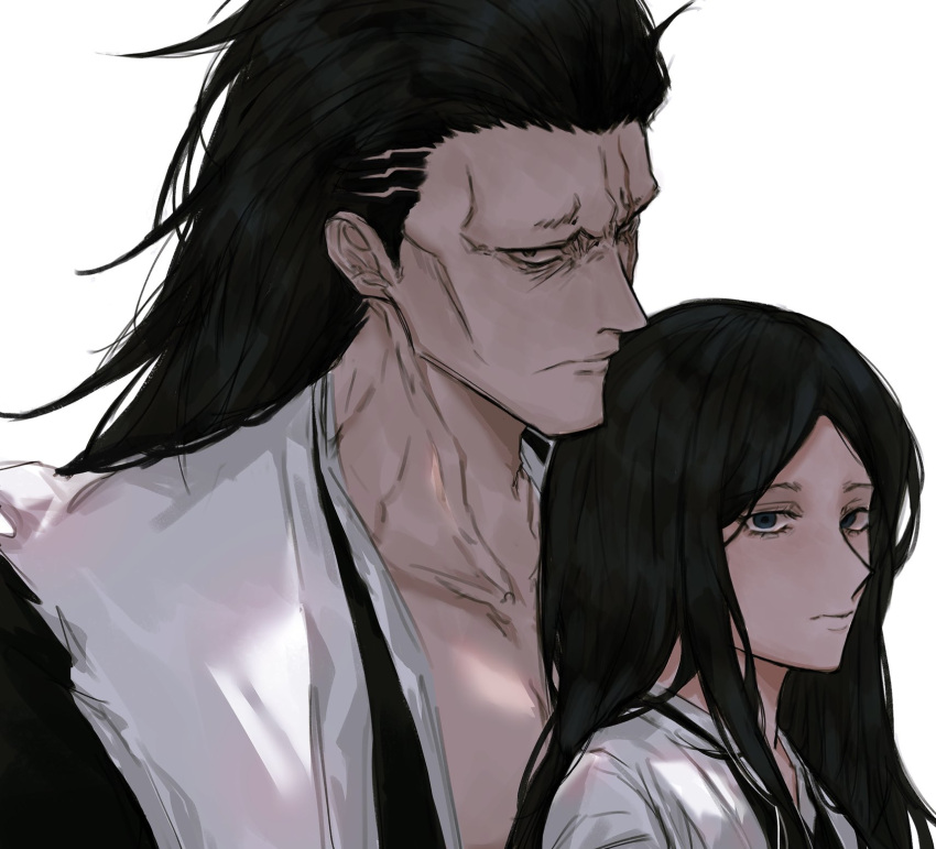 1boy, 1girl, anima_tion_1, black_eyes, black_hair, bleach, bleach:_sennen_kessen-hen, blue_eyes