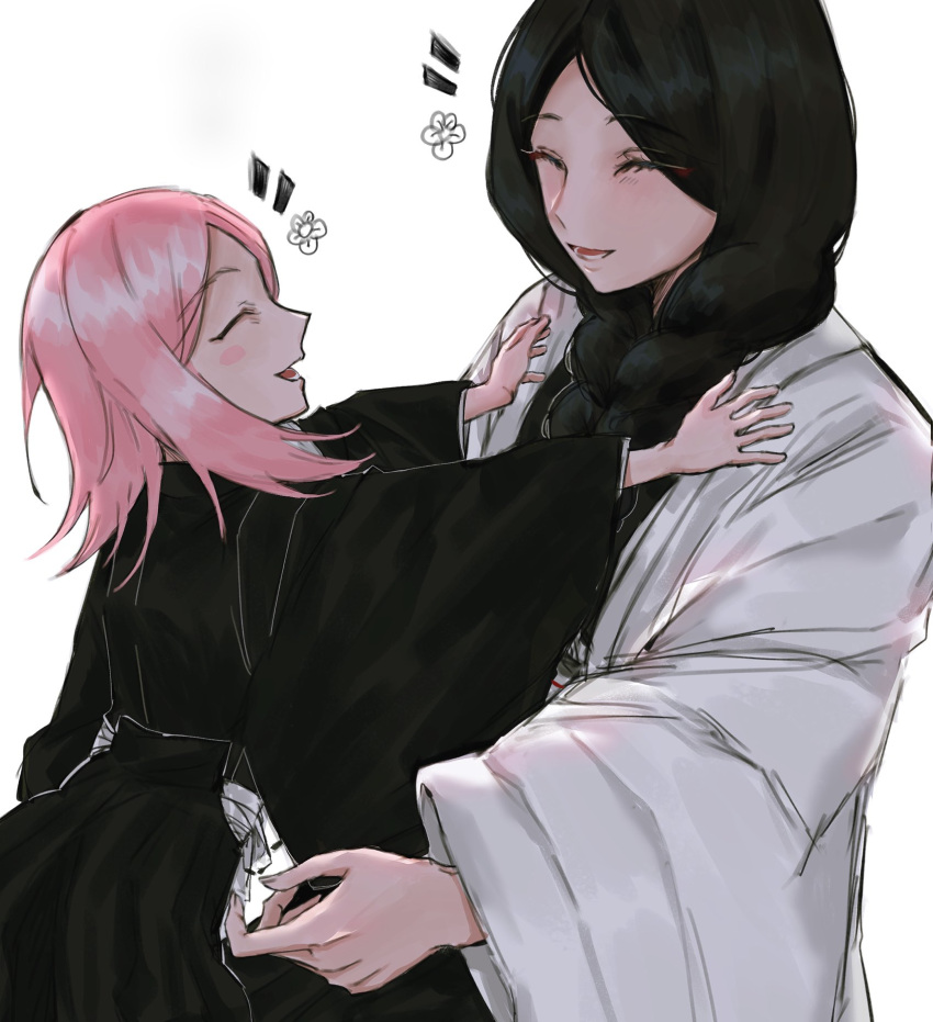 2girls, anima_tion_1, black_hair, black_kimono, bleach, blush_stickers, braid, closed_eyes
