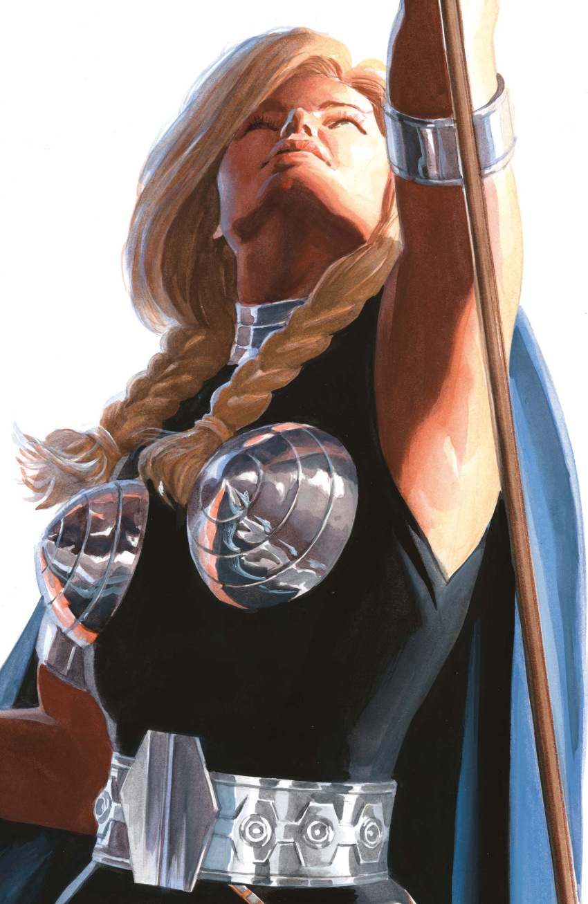 1girl, absurdres, alex_ross, arm_up, armlet, belt, black_shirt, blonde_hair