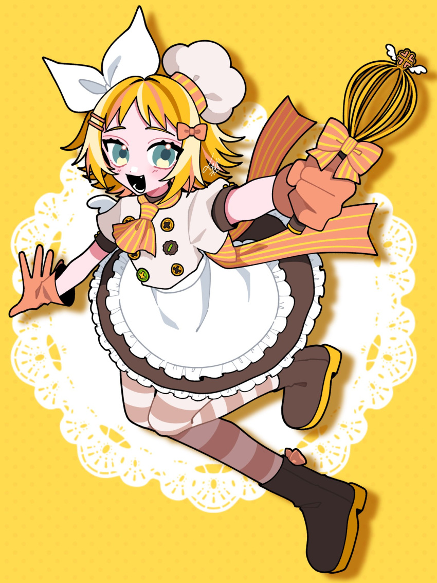 1girl, apron, ascot, back_bow, blonde_hair, blue_eyes, boots, bow