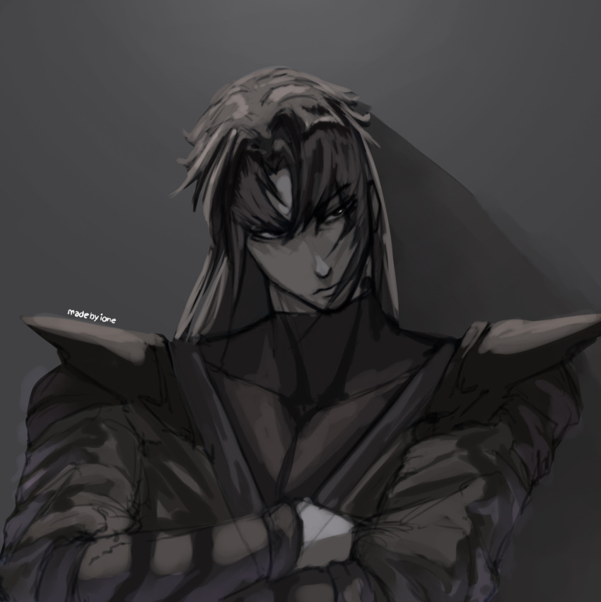 1boy, :/, black_eyes, black_hair, black_robe, black_tunic, commentary, cqu, crossed_arms, curtained_hair, dark, english_commentary, head_tilt, highres, long_hair, looking_to_the_side, male_focus, robe, shadow_slave, shoulder_pads, solo, sunny_(shadow_slave), tunic