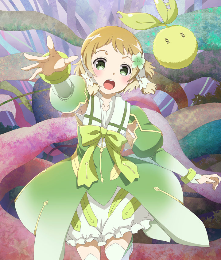 1girl, :o, armpit_cutout, blonde_hair, bloomers, blush, bow, bowtie, clothing_cutout, cowboy_shot, dot_nose, dress, flower, game_cg, green_bow, green_bowtie, green_dress, green_flower, green_thighhighs, hair_flower, hair_ornament, inubouzaki_itsuki, kodama_(yuyuyu), long_sleeves, looking_at_viewer, magical_girl, official_art, open_mouth, outstretched_arm, reaching, reaching_towards_viewer, short_hair, solo, standing, standing_on_one_leg, teeth, thigh-highs, third-party_source, toji_no_miko, toji_no_miko:_kizamishi_issen_no_tomoshibi, upper_teeth_only, white_bloomers, yuuki_yuuna_wa_yuusha_de_aru, yuusha_de_aru