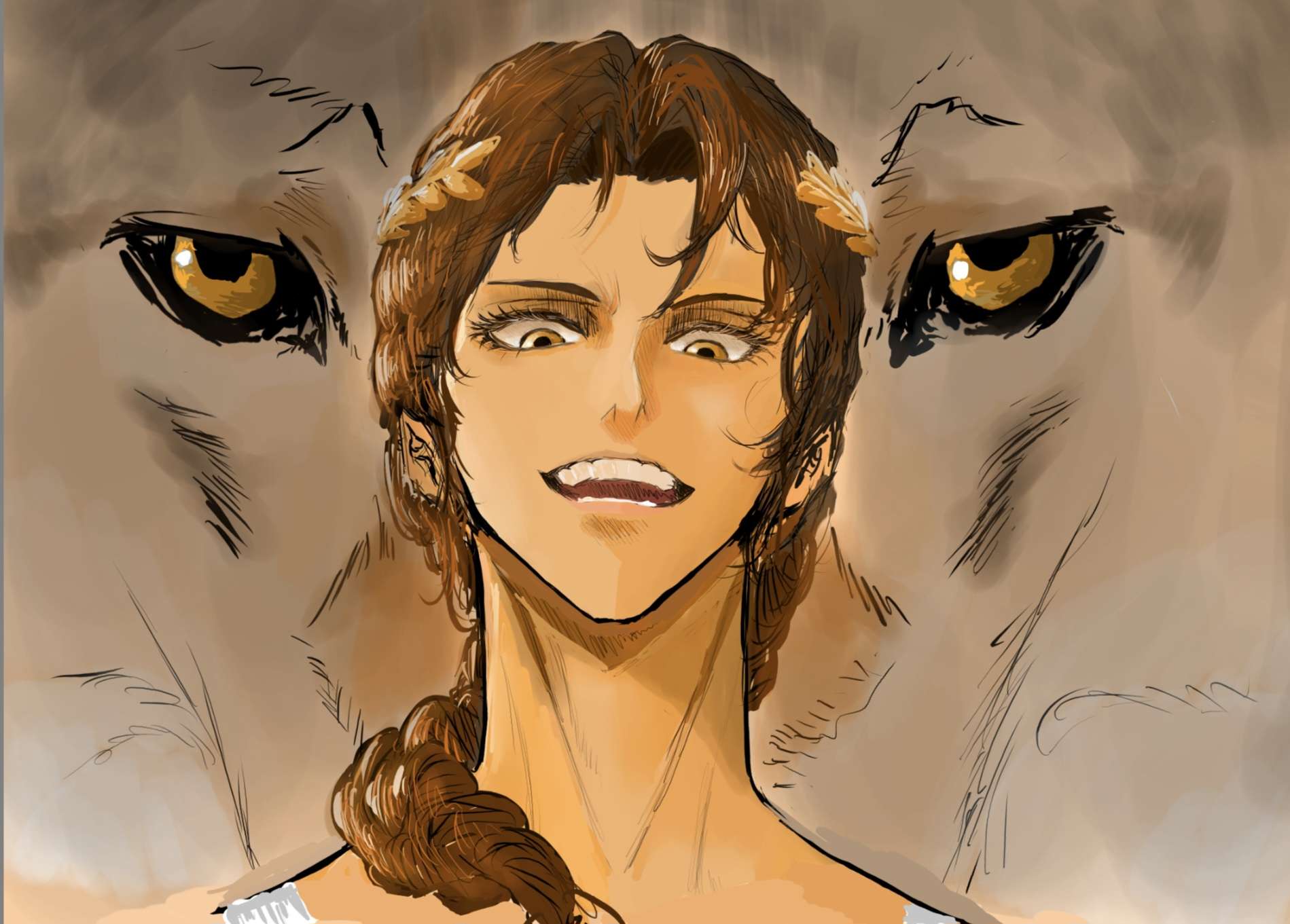 1girl, :d, animal, braid, brown_hair, close-up, commentary, effie_(shadow_slave)